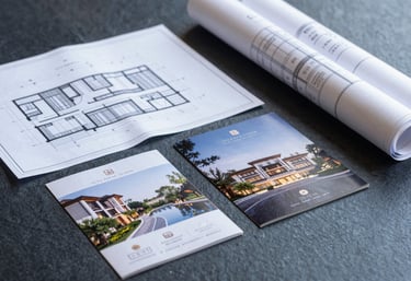 High-quality architectural blueprints and luxury property brochures neatly arranged on a dark slate blue surface, professional real estate presentation.