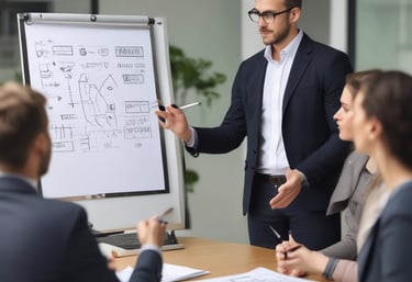 A confident businesswoman presenting a clear marketing plan on a digital screen.