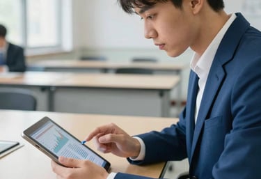 A focused shot of an international student analyzing financial charts on a tablet in a modern, light-filled classroom. The student is wearing a stylish blue blazer, reflecting a professional business school atmosphere.