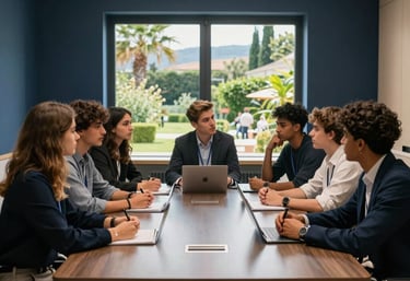 A group of international students engaged in a lively academic discussion around a sleek conference table. The room features minimalist navy and gold decor with large windows overlooking a Mediterranean garden.