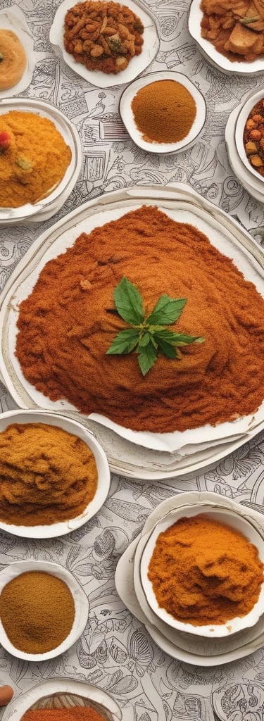Close-up of vibrant sambar powder spilling from a rustic wooden spoon onto a traditional Karnataka kitchen cloth.