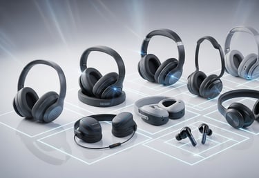 um grupo de fones de ouvido e auriculares em exposição