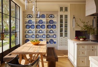 Gwyneth Paltrow's kitchen with blue plates display.