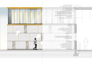 An elevation and wall section drawing of a building