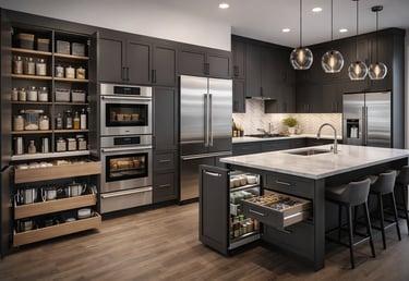 muebles y electrodomésticos en cocina moderna con isla y almacenaje organizado