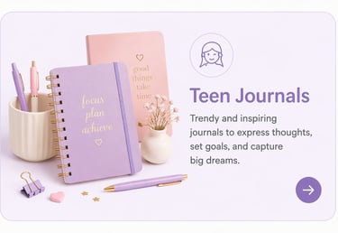 Trendy lavender and pink teen journals with gold lettering, pens, and desk accessories on a purple background.