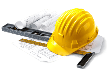 Yellow construction hard hat with blueprints, spirit level, and ruler for architecture and engineering.