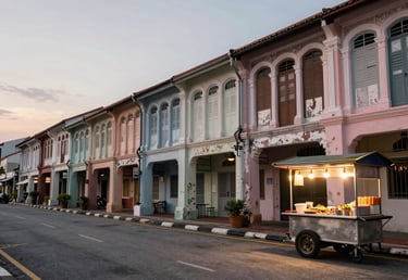 Wide environmental shot of a Penang street at dusk, a row of shophouses with peeling pastel paint receding into the background, a food cart with warm tungsten light on the right, no posed subjects, natural street life