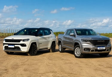 Jeep Compass e Ram Rampage lado a lado em cenário externo destacando a mesma plataforma.