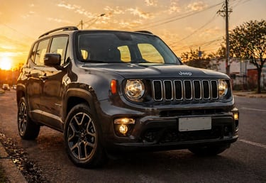 Jeep Renegade em cenário urbano ao entardecer com iluminação dramática destacando SUV no Brasil
