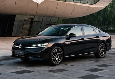 Novo Volkswagen Passat Sedan estacionado em frente a prédio moderno.