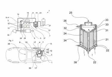 Diagrama da patente do motor da Porsche que gera hidrogênio a partir da água