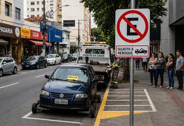 proibido estacionar com carro sendo guinchado em via urbana e placa sujeito a reboque