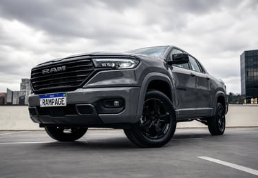 Ram Rampage estacionada em área urbana com destaque para a dianteira da picape
