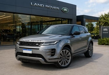 Land Rover Evoque cinza em frente a showroom externo moderno durante recall por falha elétrica