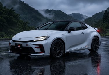 Toyota GR86 branco parado em estrada molhada com montanhas ao fundo.