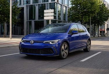 Volkswagen Golf híbrido sem tomada rodando em rua urbana com prédios modernos ao fundo