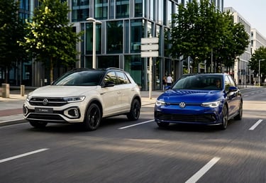 Volkswagen Golf e T-Roc híbridos sem tomada rodando juntos em avenida urbana moderna