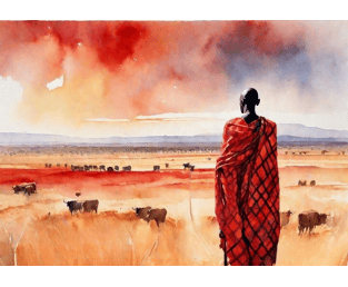 a man in a red dress standing in a field