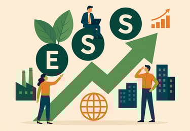 um homem e uma mulher em pé em frente ao uma seta apontando para cima