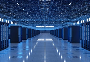 Blue-lit data center with rows of server racks, illustrating secure cloud infrastructure and scalabl