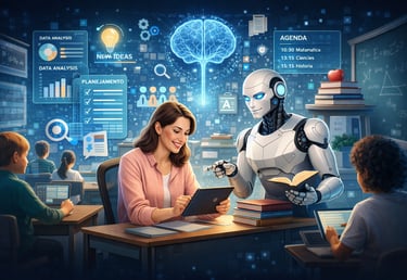 Uma professora utiliza um tablet e um robô assistente com inteligência artificial para aprendizagem 