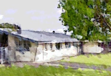 a painting of a house with a tree in the foreground