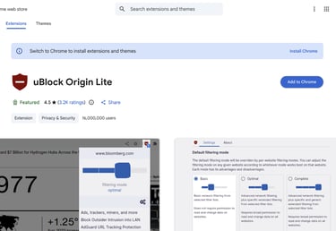 Screenshot of uBlock Origin Lite's Chrome Web Store page, showcasing ad-blocking features, user ratings, and default