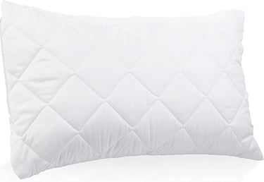 White quilted bed pillow with a diamond pattern fabric cover for comfortable sleeping.