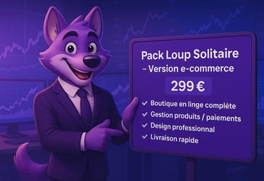 Mascotte Alpha Digital présentant le Pack Loup Solitaire version e-commerce – création de boutique e