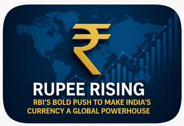 Illustration of Indian rupee rising globally, symbolizin financial influence international expansion