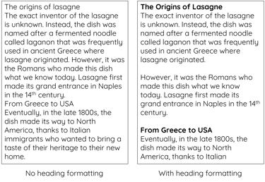Screenshot to highlight the visual difference heading formatting can make