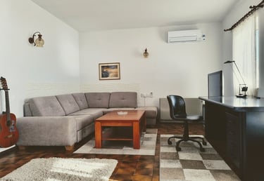 The photo shows the apartment's spacious living room from enather angle. 