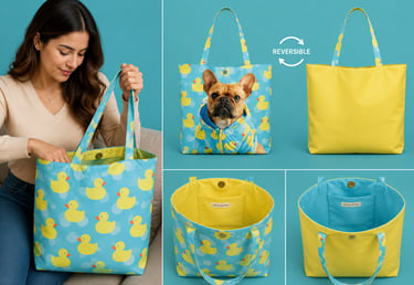 olso tote reversible con estampado de patitos de goma azules y bolso de mano de tela amarilla lisa c