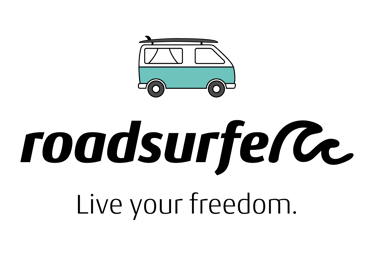 Roadsurfer logo Minimalist teal and white vintage camper van illustration on a black background.