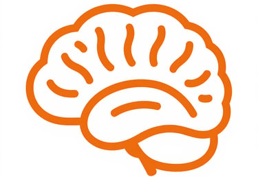 Orange line art illustration of a human brain profile icon on a white background.