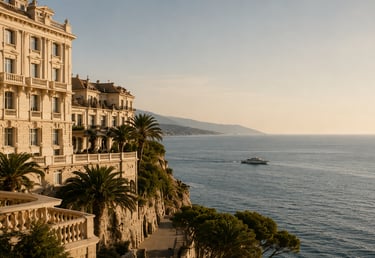 Luxury hotel on a cliff overlooking the Mediterranean Sea at sunset with a yacht sailing by.