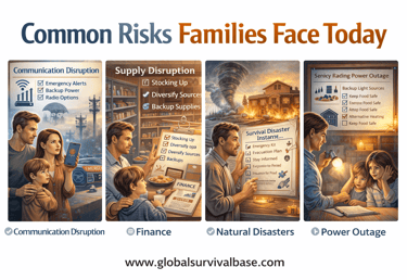 Infographic showing common family risks including communication disruption, supply issues, natural disasters, and power