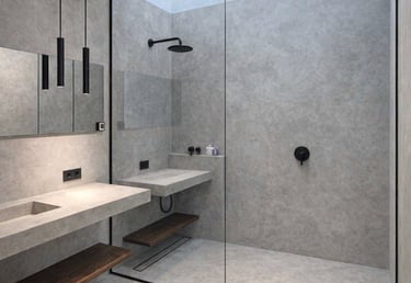 Modern minimalist bathroom featuring a concrete walk-in shower, floating stone vanity, and black fix