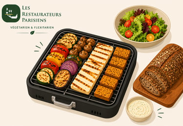 Barbecue végétarien avec halloumi, tofu, légumes et salade pour les flexitariens parisiens.