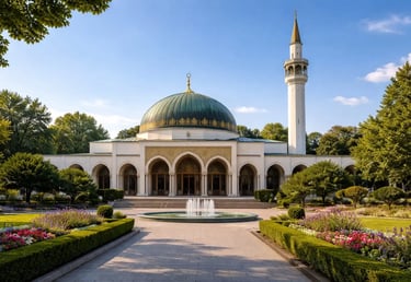 Grand Mosque of Geneva in Switzerland, Islamic center surrounded by trees and an important place of prayer Muslims in Europe.