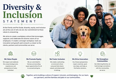 Diverse team of smiling professionals and a golden retriever pet illustrating a diversity and inclusion statement.
