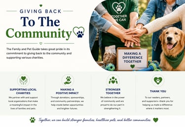 A community outreach graphic for The Family and Pet Guide showing volunteers and a golden retriever.