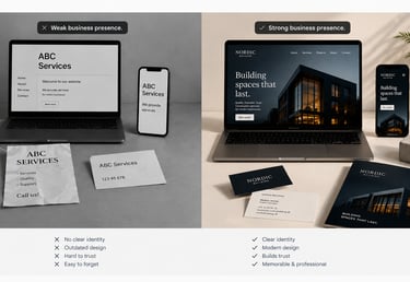 Comparison of weak and professional business branding with website design, print materials and visua