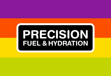Precision Fuel and Hydration logo on a colorful background with purple, orange, yellow, and green stripes.