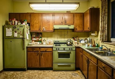 Vecchia cucina anni 70 in legno scuro con elettrodomestici verdi e piano di lavoro in finto marmo sui toni del marrone