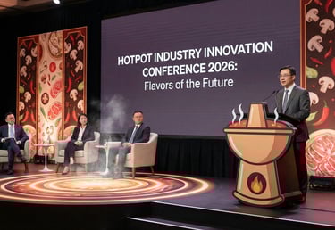 Modern hotpot conference stage featuring industry speakers and a large digital screen showcasing innovative food tech.