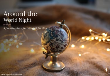 Vintage desk globe with fairy lights for an Around the World Night family adventure theme.