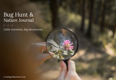 A child uses a magnifying glass to inspect a pink clover flower for a bug hunt and nature journal activity.