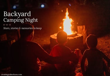 Father and two children enjoy a cozy backyard camping night, warming by a crackling campfire, creating lasting family
